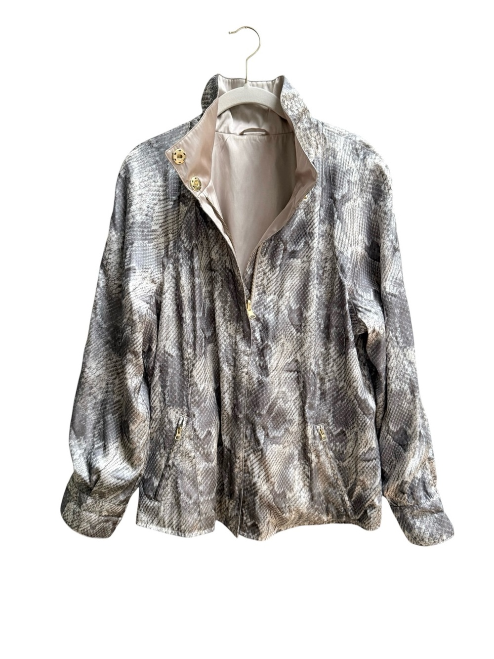 Chico’s Women’s Reversible Neutral Snake-Print Zip Jacket Beige Gold Size L XL
